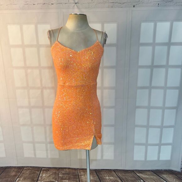 Windsor NWT Dazzle Down Sequin Lace-Up Mini Dress in peach size medium - Picture 5 of 14